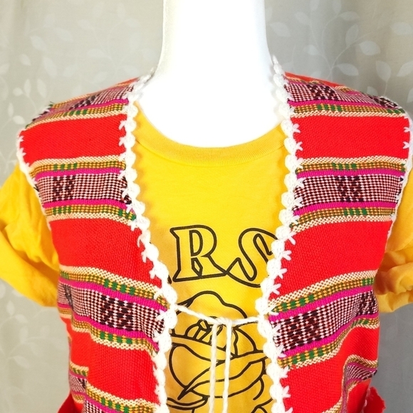 Vintage Vest Boho Southwest Handmade Crochet Trim Serape Knit Tie Front Red - Picture 3 of 16